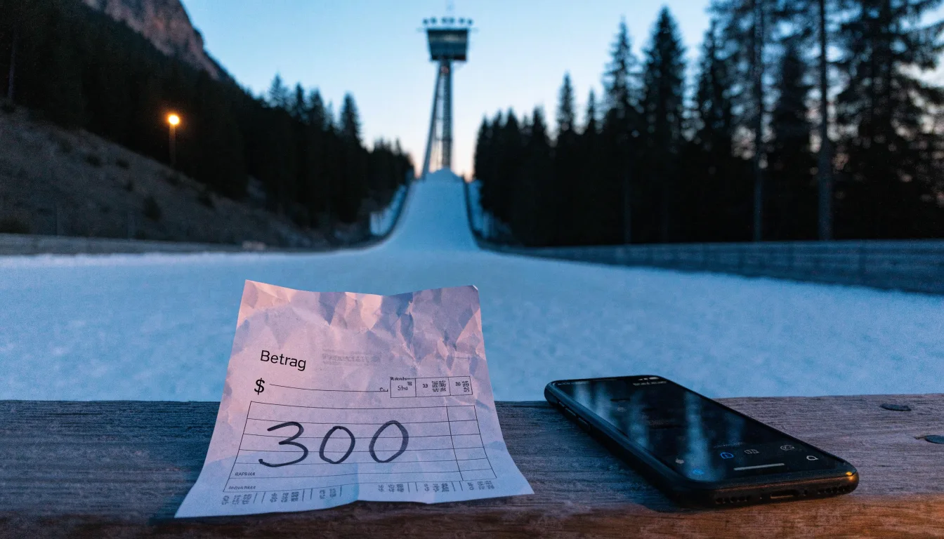 Eine Skisprungschanze ragt in der Dämmerung über einen Wald in den Alpen, der Auslauf liegt verschneit und leer da.