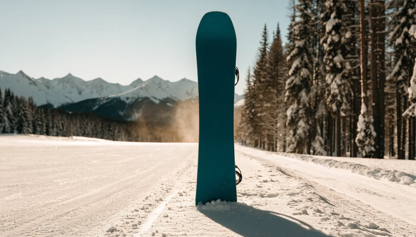 Ein Snowboard steckt aufrecht im Schnee am Rand einer Piste, dahinter spannt sich klarer Himmel über verschneiten Gipfeln.