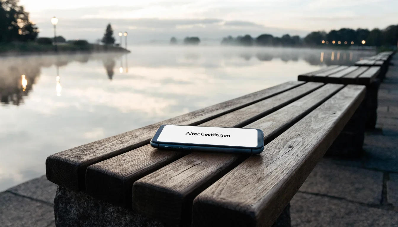 Eine Seepromenade mit leeren Bänken an einem nebligen Morgen, im Wasser spiegeln sich die Lichter der Uferlaternen.