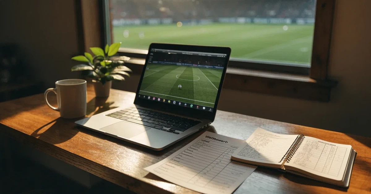 Ein aufgeräumter Schreibtisch mit Pflanze und Tasse in einem Heimbüro, vor dem Fenster liegt ein Fussballplatz im Gegenlicht.