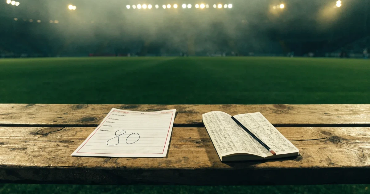 Ein Fernglas liegt auf einer leeren Holzbank an der Seitenlinie eines Fussballfelds, vom Rasen steigt Nebel auf.