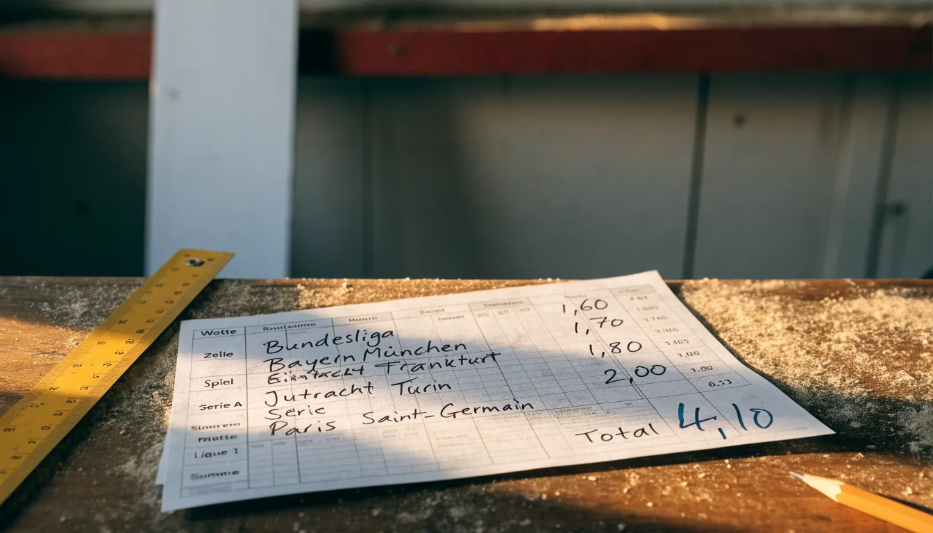 Ein ausgeklappter Zollstock liegt auf einer Werkbank, daneben ein Bleistiftstummel im feinen Sägemehl.