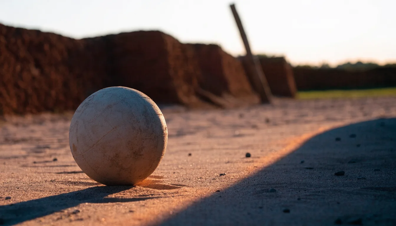 Ein Fussball liegt auf rotbraunem Sand am Rand eines Dorfes, die Abendsonne wirft lange Schatten.