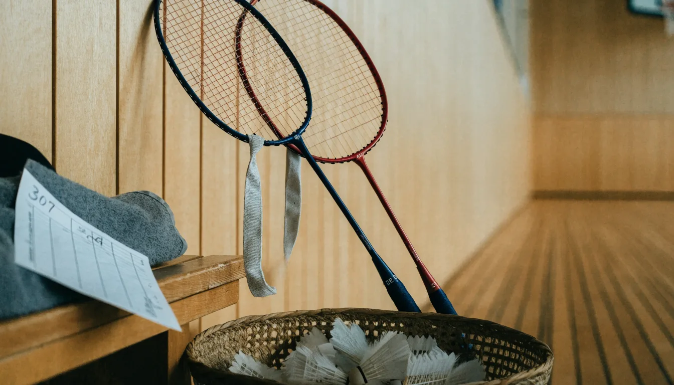 Zwei Badmintonschläger lehnen gekreuzt an einer Hallenwand aus Holz, daneben steht ein Korb mit Federbällen.