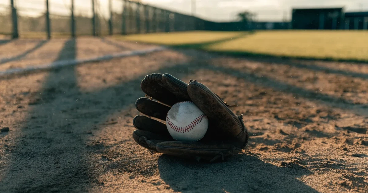 Ein Lederhandschuh und ein Ball liegen auf dem Sandboden eines leeren Spielfelds, die tiefstehende Sonne wirft lange Schatten.