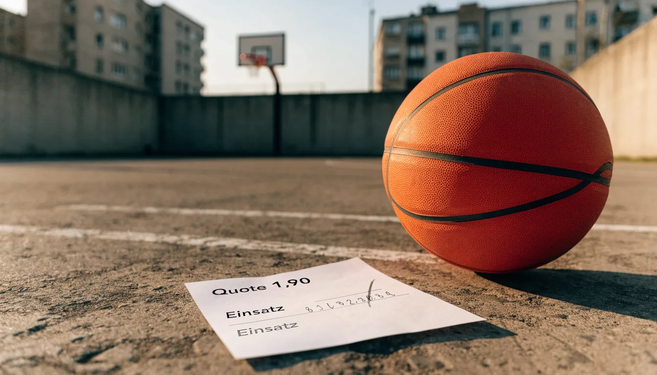 Ein Basketball liegt auf einem Asphaltplatz in einem Hinterhof zwischen Wohnblöcken, das Abendlicht färbt die Wände warm.