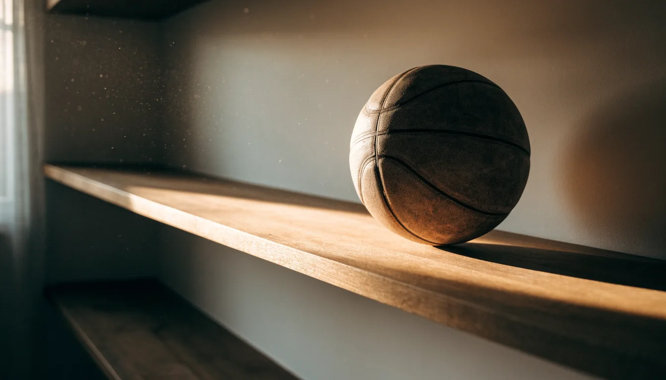 Ein abgenutzter Lederball liegt auf einem Holzregal in einem Vereinsraum, ein Sonnenstrahl macht den Staub sichtbar.