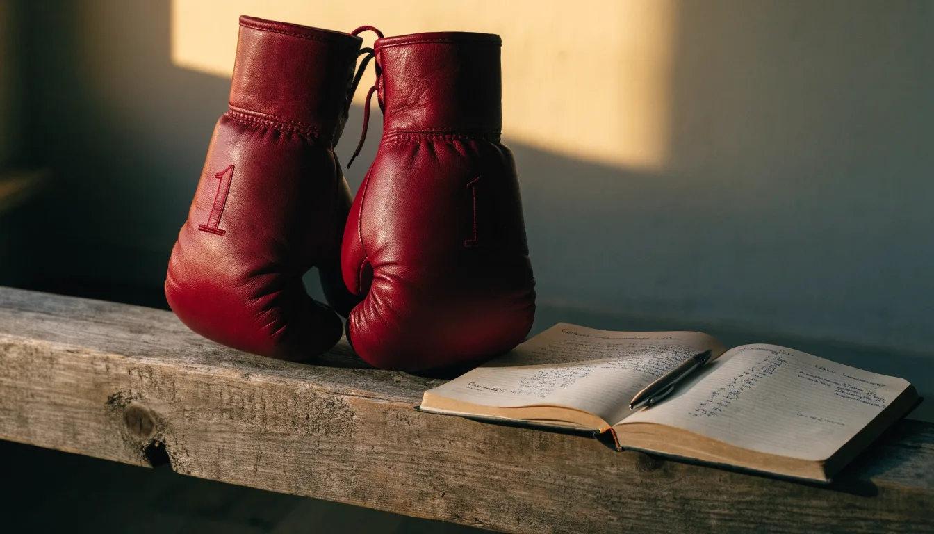 Ein Paar Boxhandschuhe aus Leder liegt auf einer Holzbank neben einem Notizbuch mit handgeschriebenen Zeilen, warmes Fensterlicht