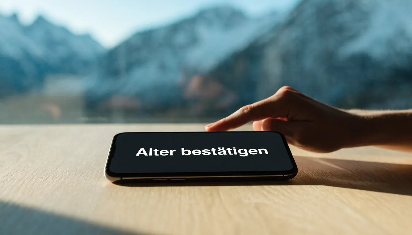 Ein Smartphone mit dunklem Bildschirm liegt auf einem Holztisch vor einem Fenster mit Blick auf schneebedeckte Gipfel