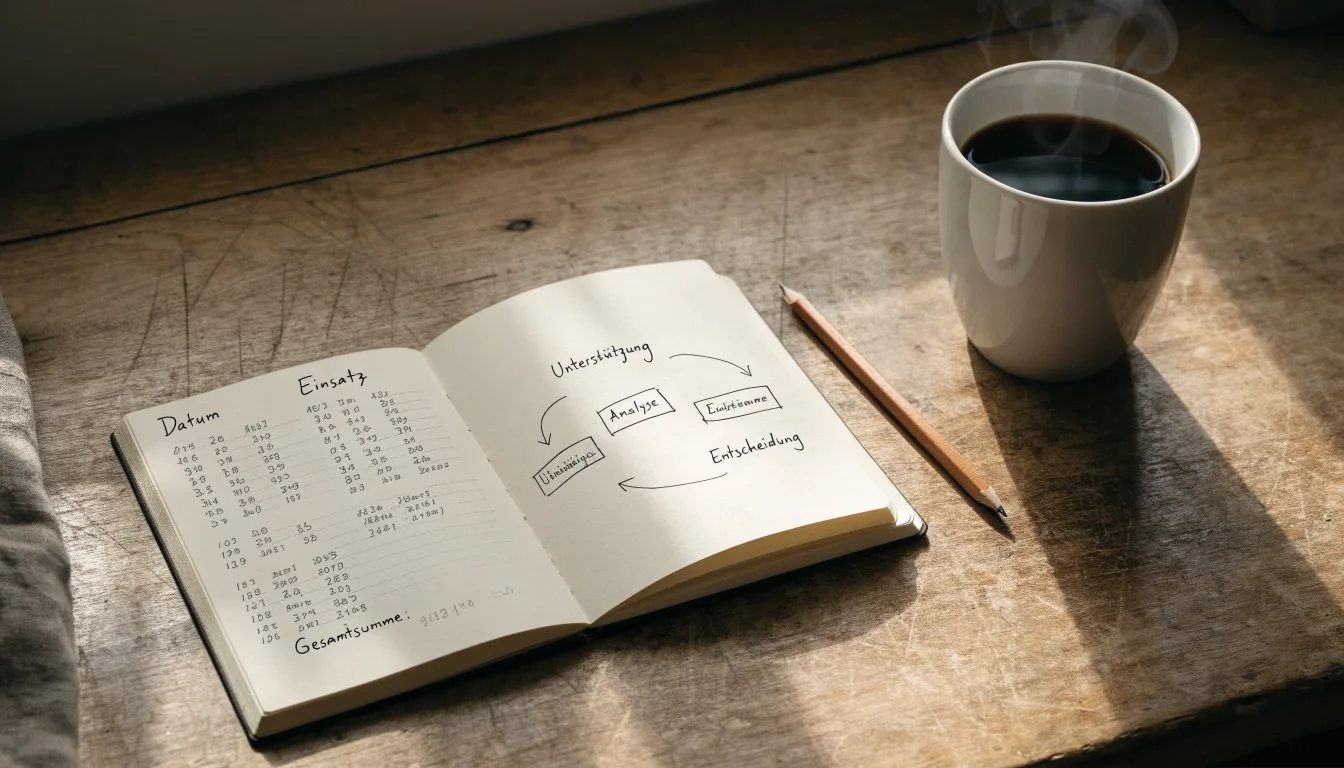 Ein aufgeschlagenes Notizbuch mit handgeschriebenen Spalten und ein Bleistift neben einer Tasse Kaffee auf einem Holztisch am Morgen