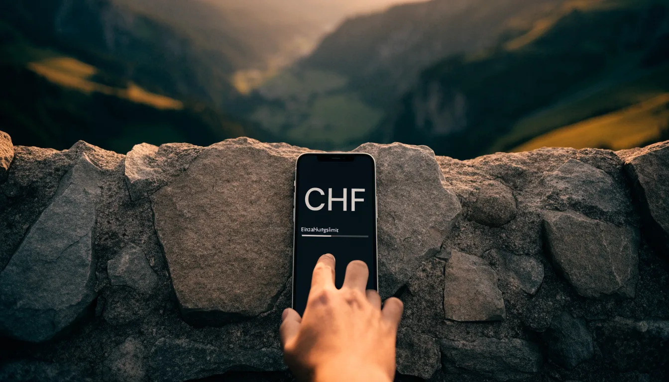 Ein Smartphone mit dunklem Display liegt auf einer Steinmauer, dahinter ein Alpental im Abendlicht