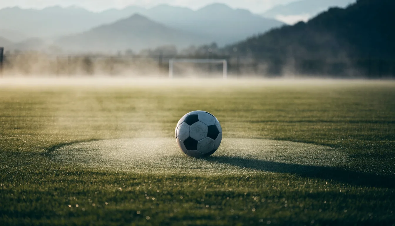 Ein einzelner Fussball auf dem Mittelpunkt eines leeren Rasens im Morgennebel, hinter dem Tor ragen Berge auf