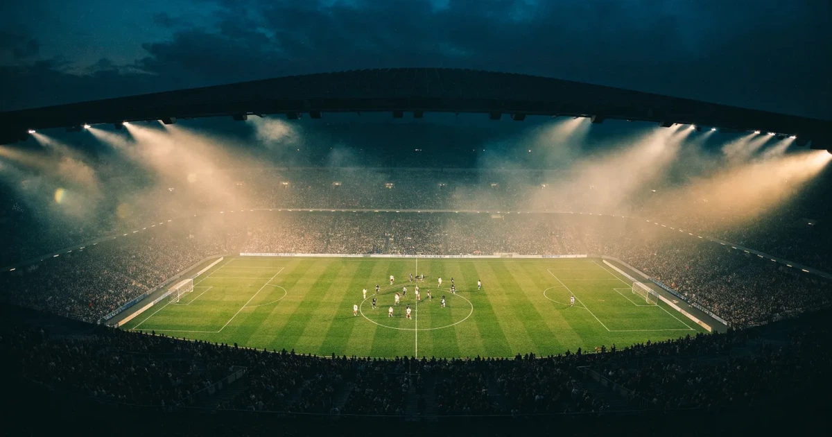 Ein Fussballstadion bei Flutlicht von einer Anhöhe aus gesehen, der Rasen leuchtet grün unter dunklem Abendhimmel