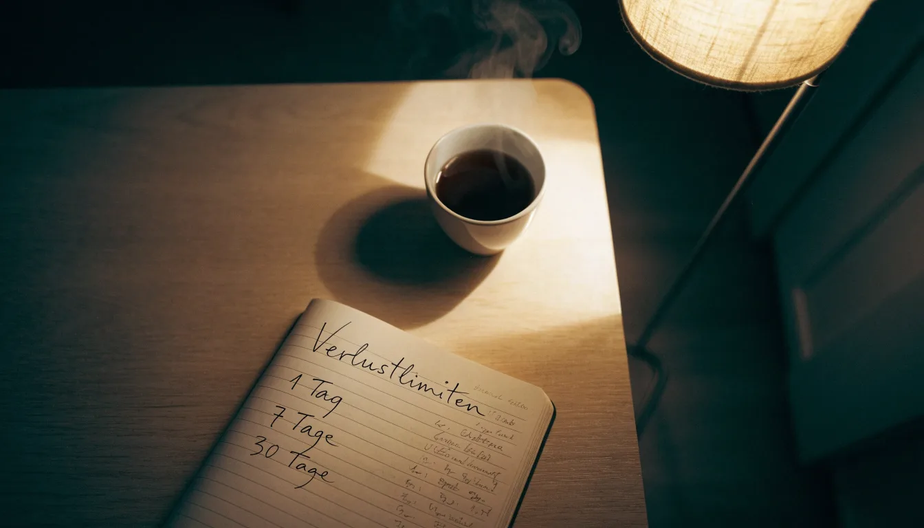 Ein Notizbuch mit handschriftlichen Einträgen und eine Tasse Tee stehen auf einem Tisch neben einer Stehlampe