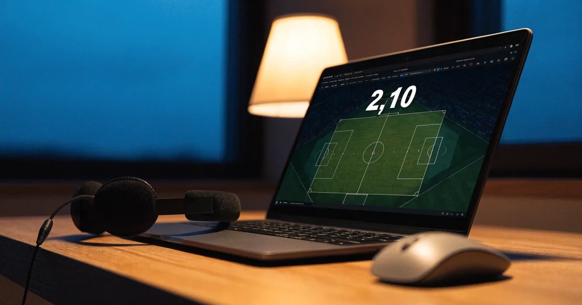 Ein Headset und eine Computermaus liegen auf einem Holzschreibtisch neben einer Tischlampe, draussen ist es Abend