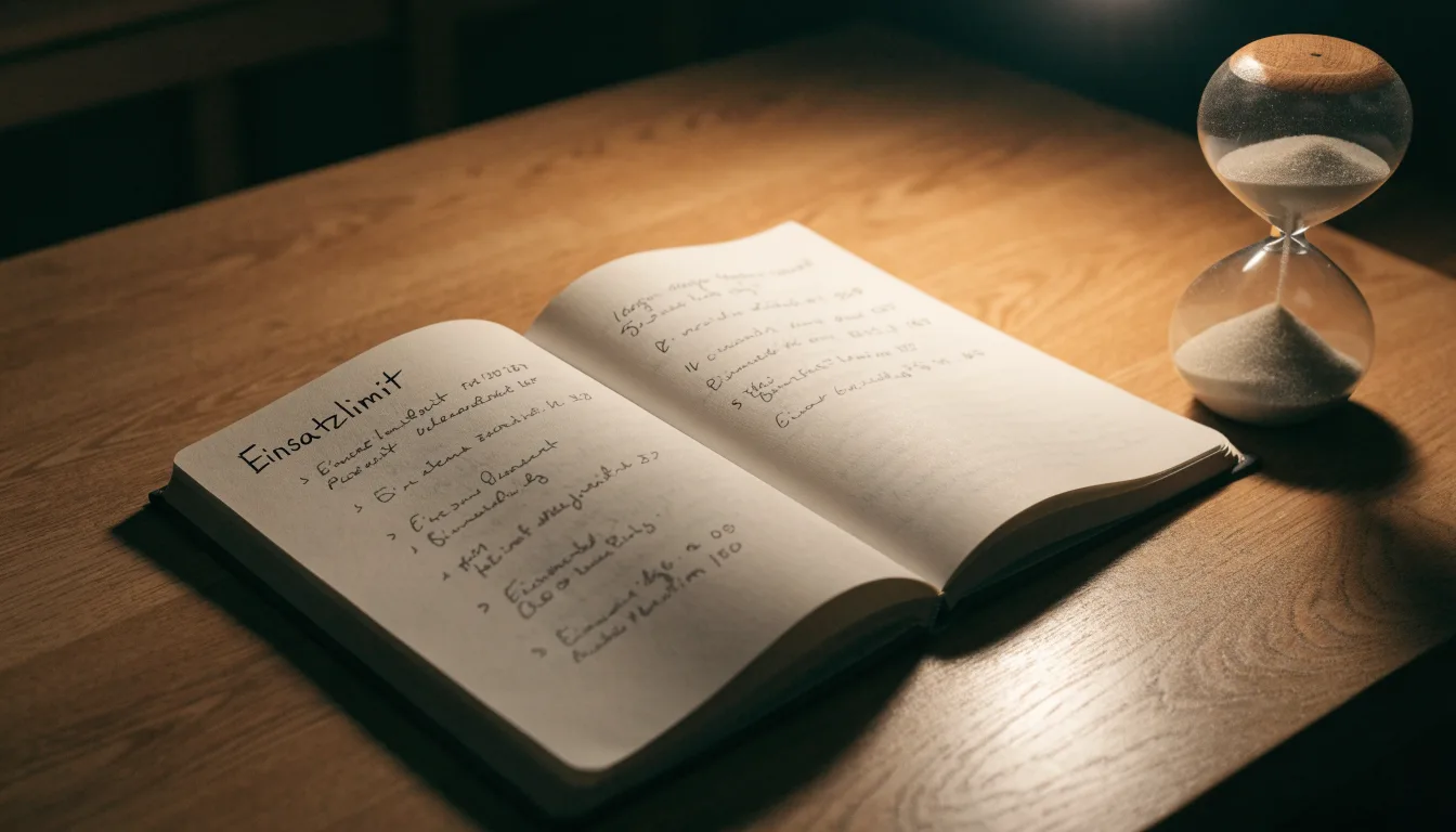 Eine Sanduhr steht auf einem Schreibtisch neben einem Notizbuch mit handschriftlichen Einträgen im Licht einer Lampe