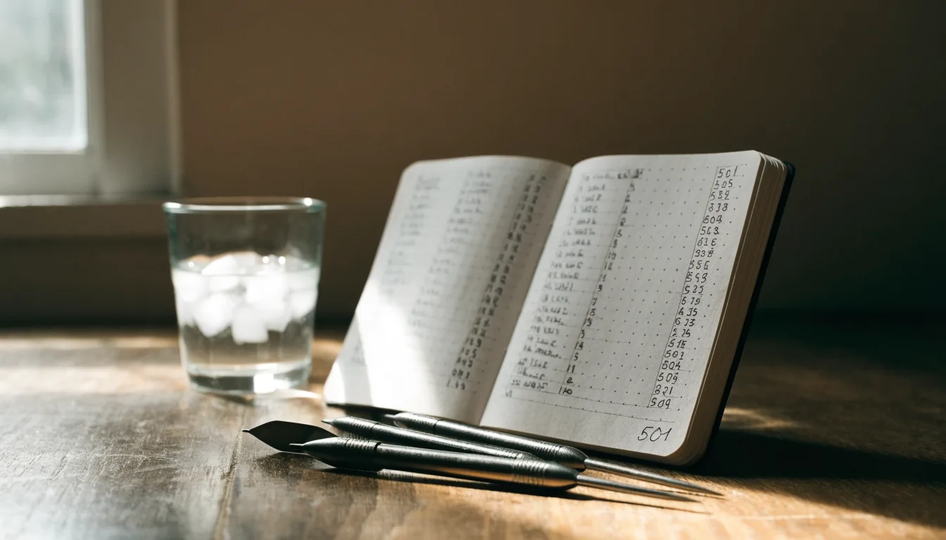 Drei Dartpfeile liegen auf einer Holzfläche neben einem Notizblock mit handschriftlichen Zahlen und einem Glas Wasser