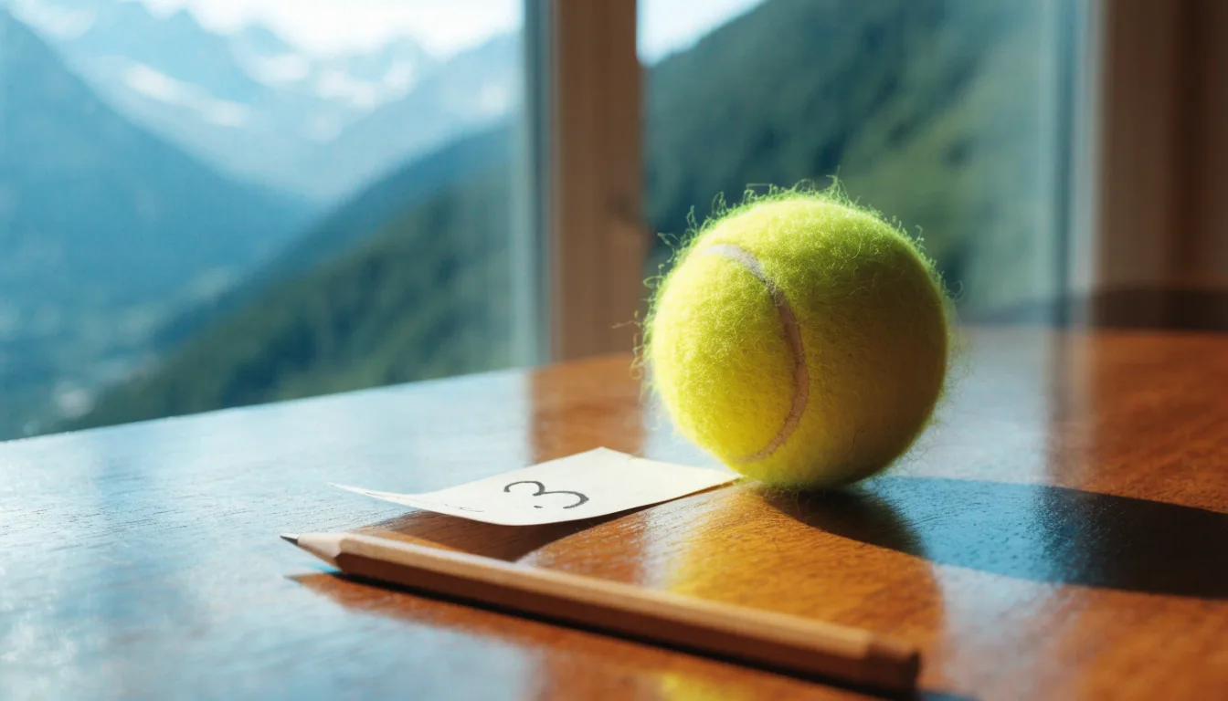 Ein einzelner gelber Tennisball liegt auf einem Holztisch vor einem Fenster mit Alpenblick