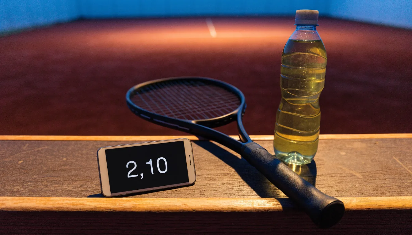 Ein Tennisschläger lehnt an einer Bank neben einer Wasserflasche, am Abend ruht der Platz im Flutlicht, aus der Ferne gesehen