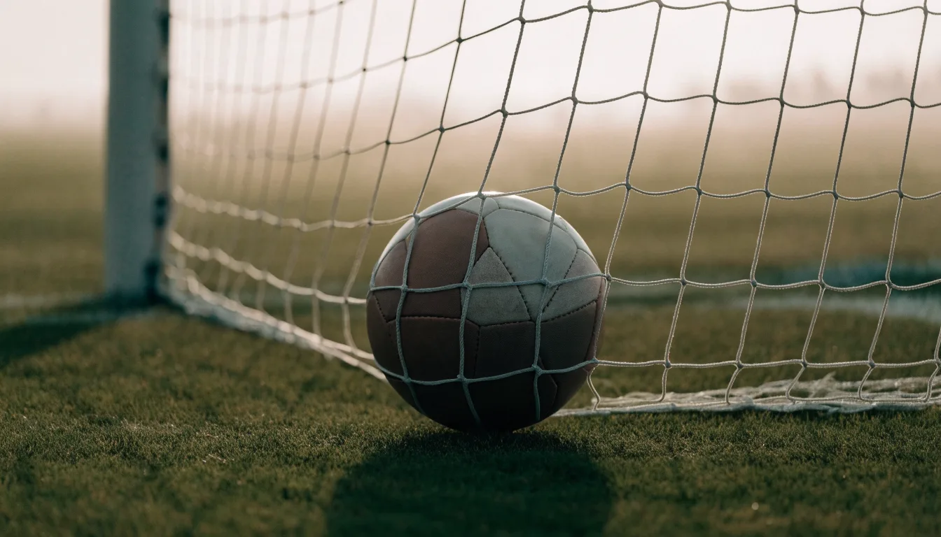 Ein Fussball liegt im Netz hinter einem Tor, weicher Morgennebel hängt über dem Rasen