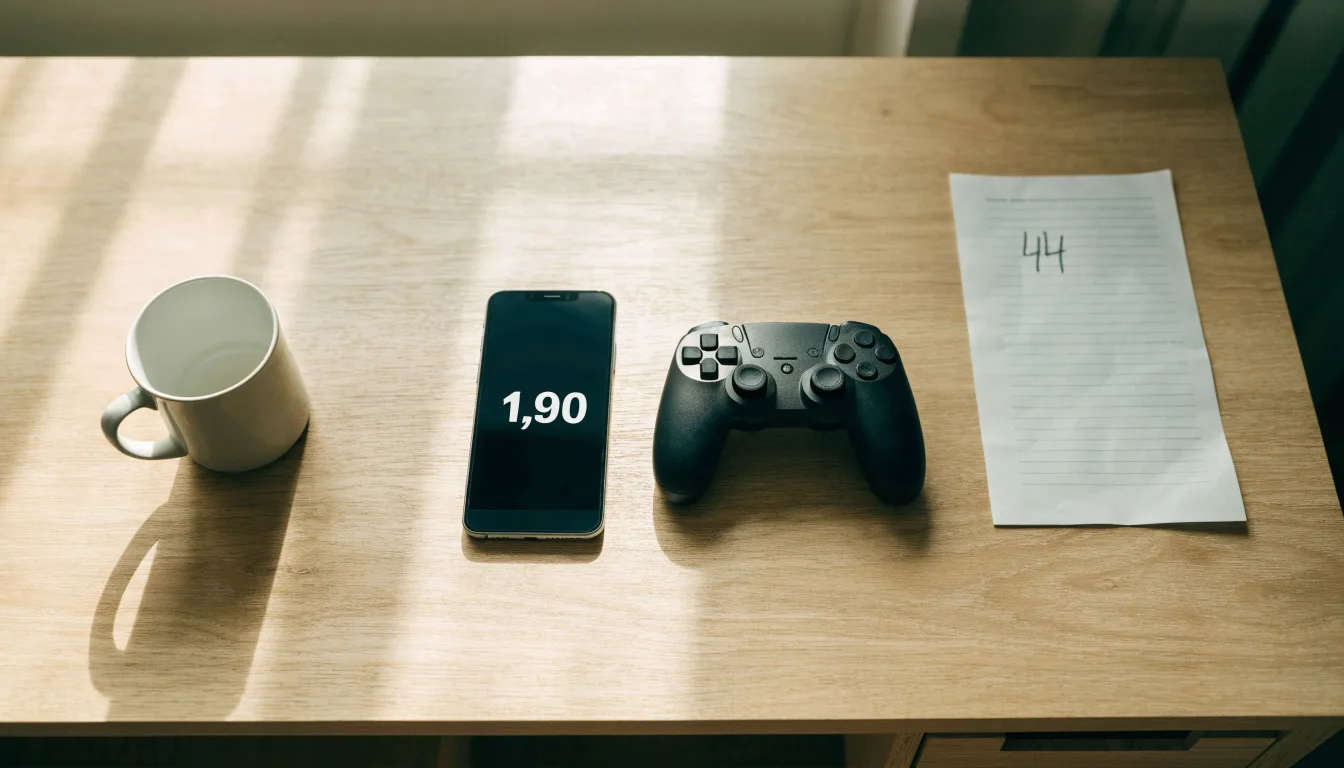 Ein Spielcontroller liegt auf einem Teppich neben einer Tasse, im Hintergrund ein Regal mit Büchern