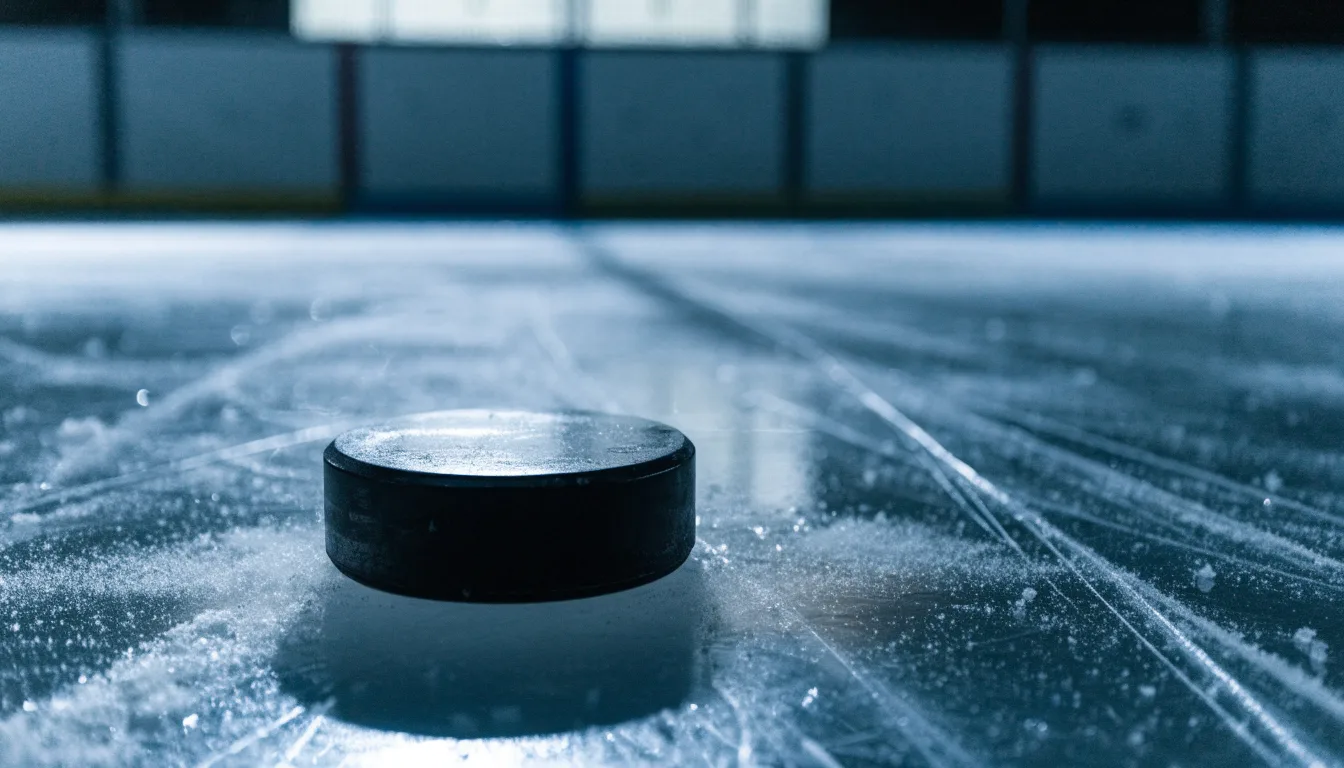 Ein Eishockeypuck liegt auf einer Eisfläche mit Kratzspuren, Nahaufnahme mit kühlen Reflexen