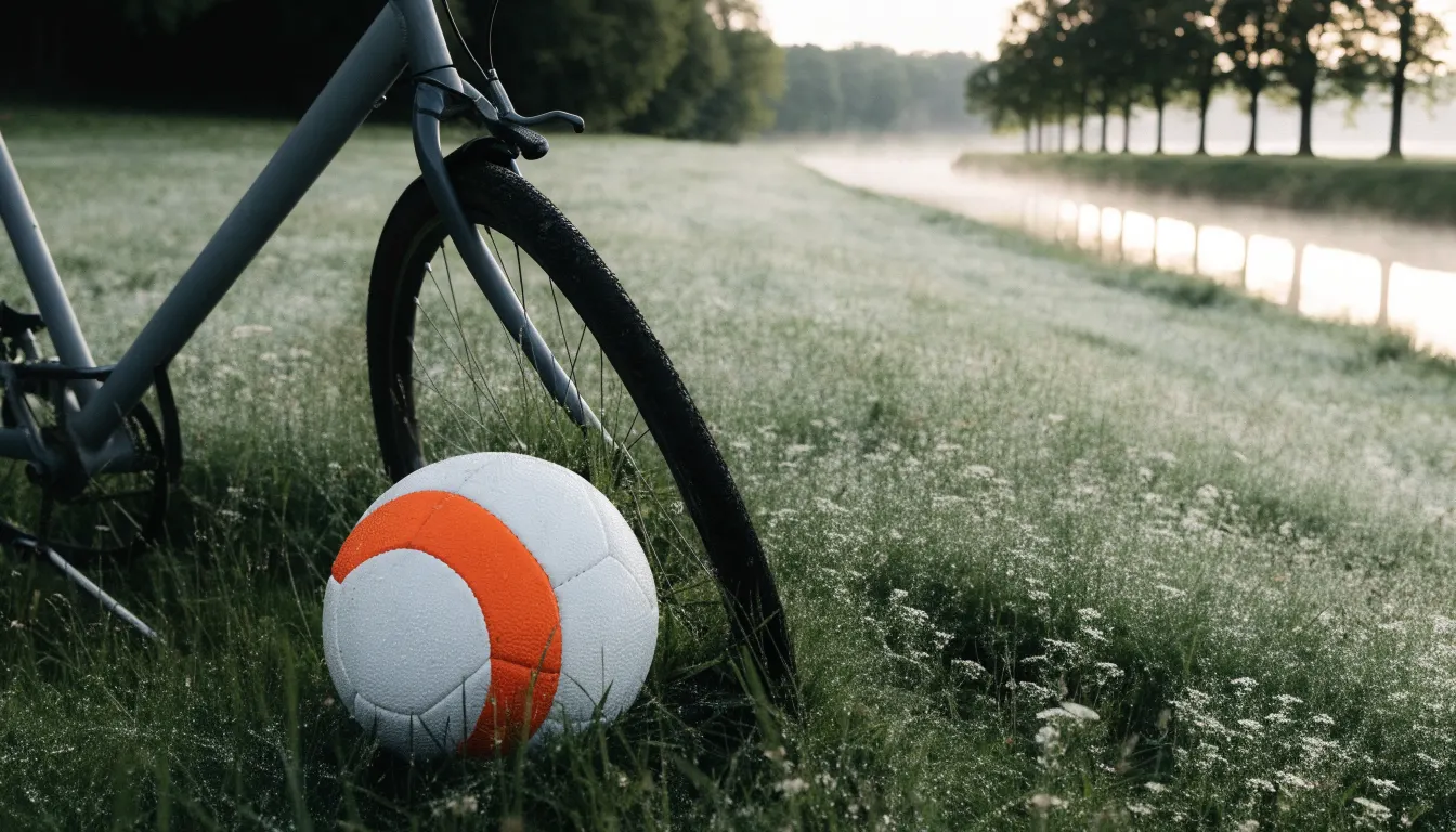 Ein Fussball liegt auf einer Wiese neben einem Fahrrad, im Hintergrund ein Kanal im Morgenlicht