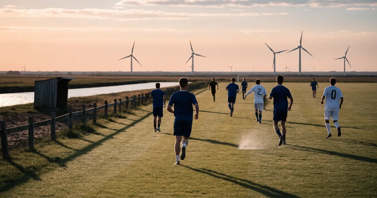Ein Fussballplatz neben einem Kanal in flachem Land mit Windrädern am Horizont, Abendlicht liegt über dem Rasen