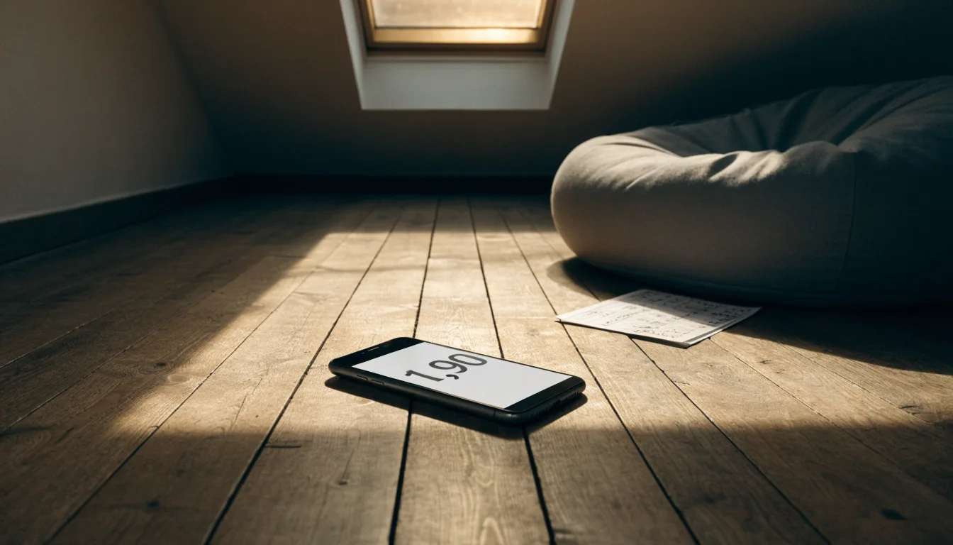 Ein leerer Sitzsack steht in einem Zimmer mit Dachfenster, Abendlicht fällt auf den Holzboden