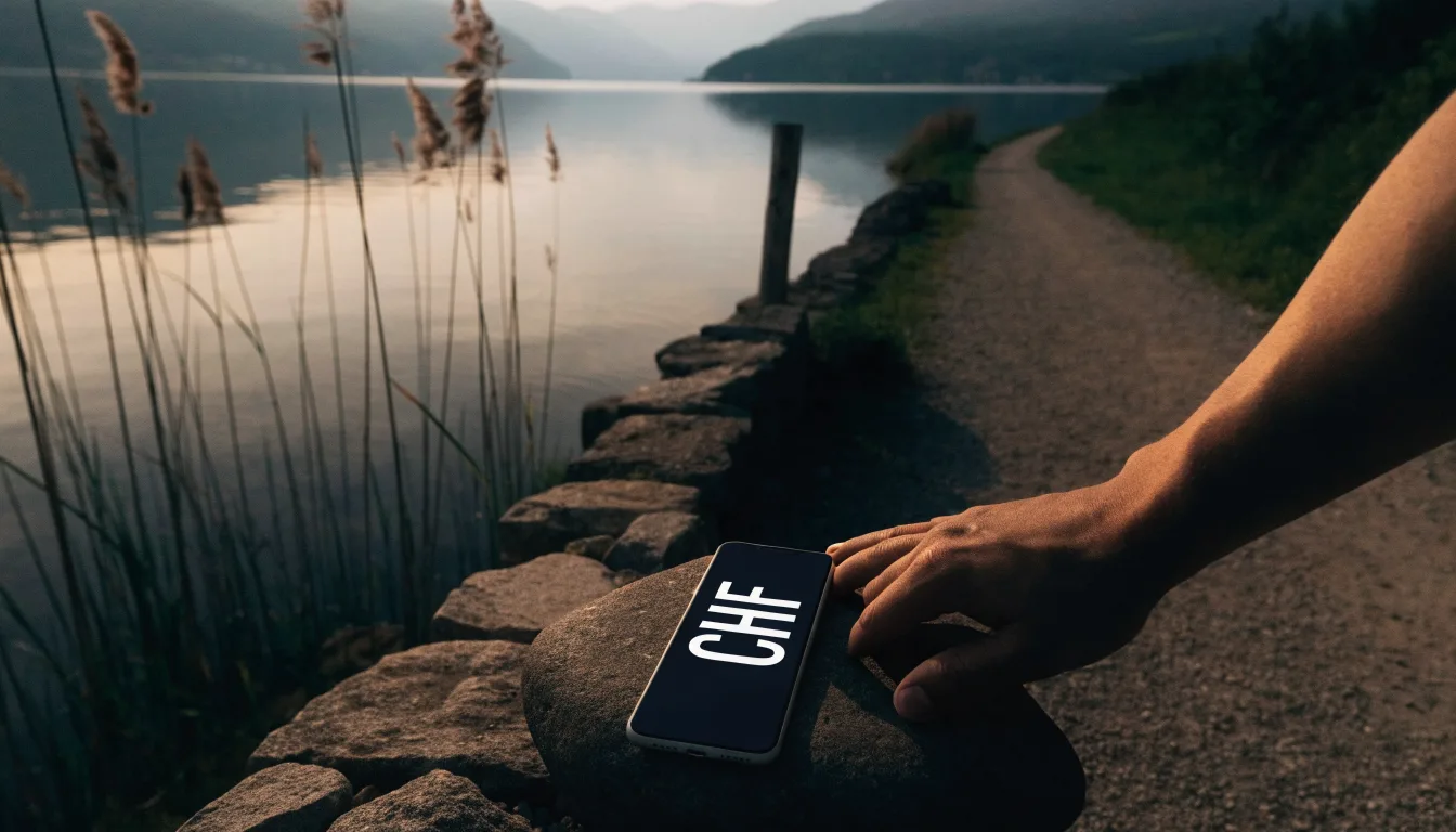Ein schmaler Wanderweg führt am Seeufer entlang, auf einem Stein liegt ein Smartphone mit dunklem Display
