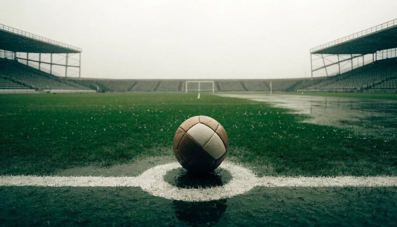 Ein Fussball liegt auf dem Anstosspunkt eines nassen Rasens, dahinter eine leere Tribüne unter grauem Himmel.