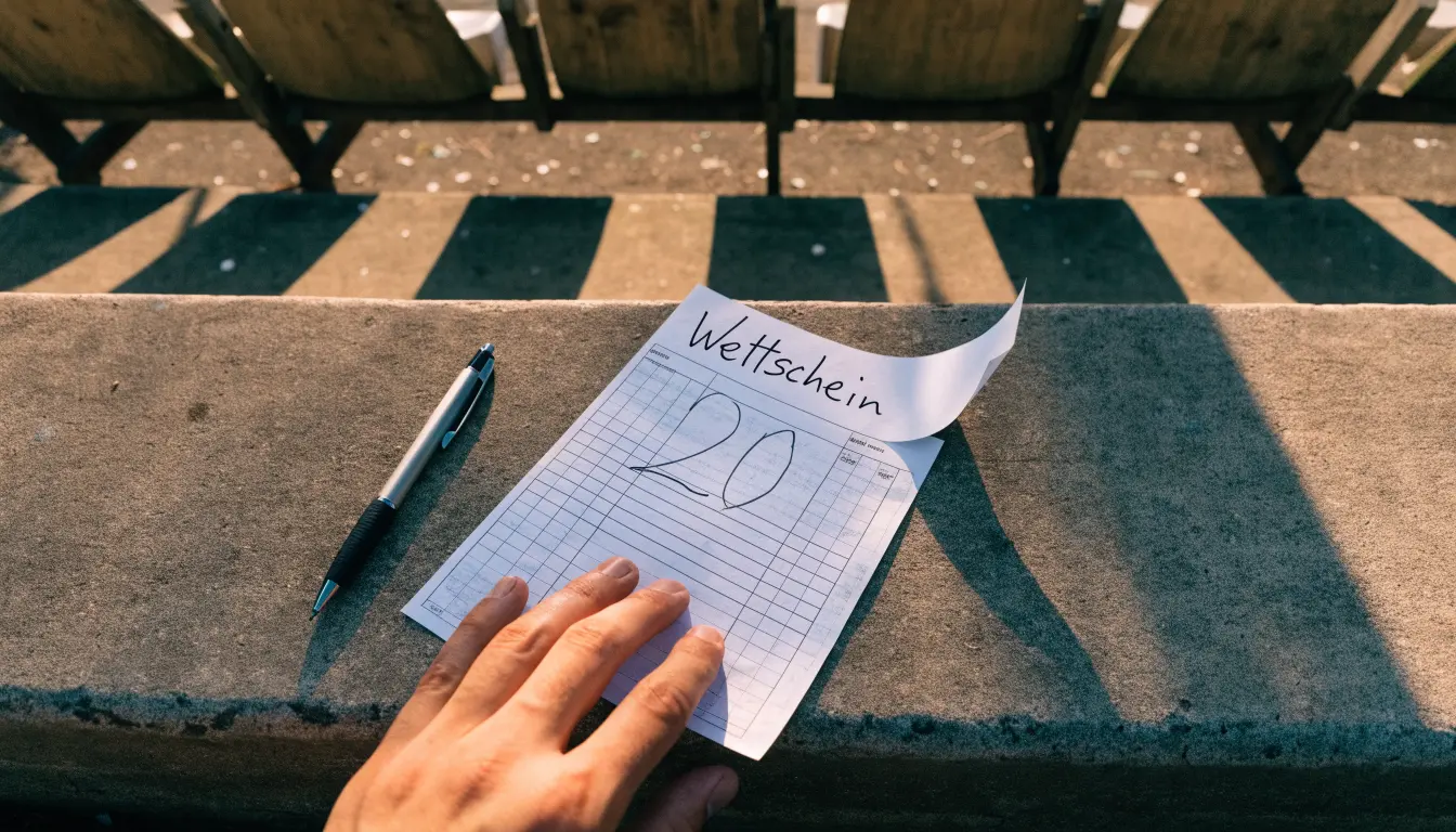 Ein alter Holzsitz auf einer leeren Stehplatztribüne, darunter verwitterte Betonstufen in der Nachmittagssonne.