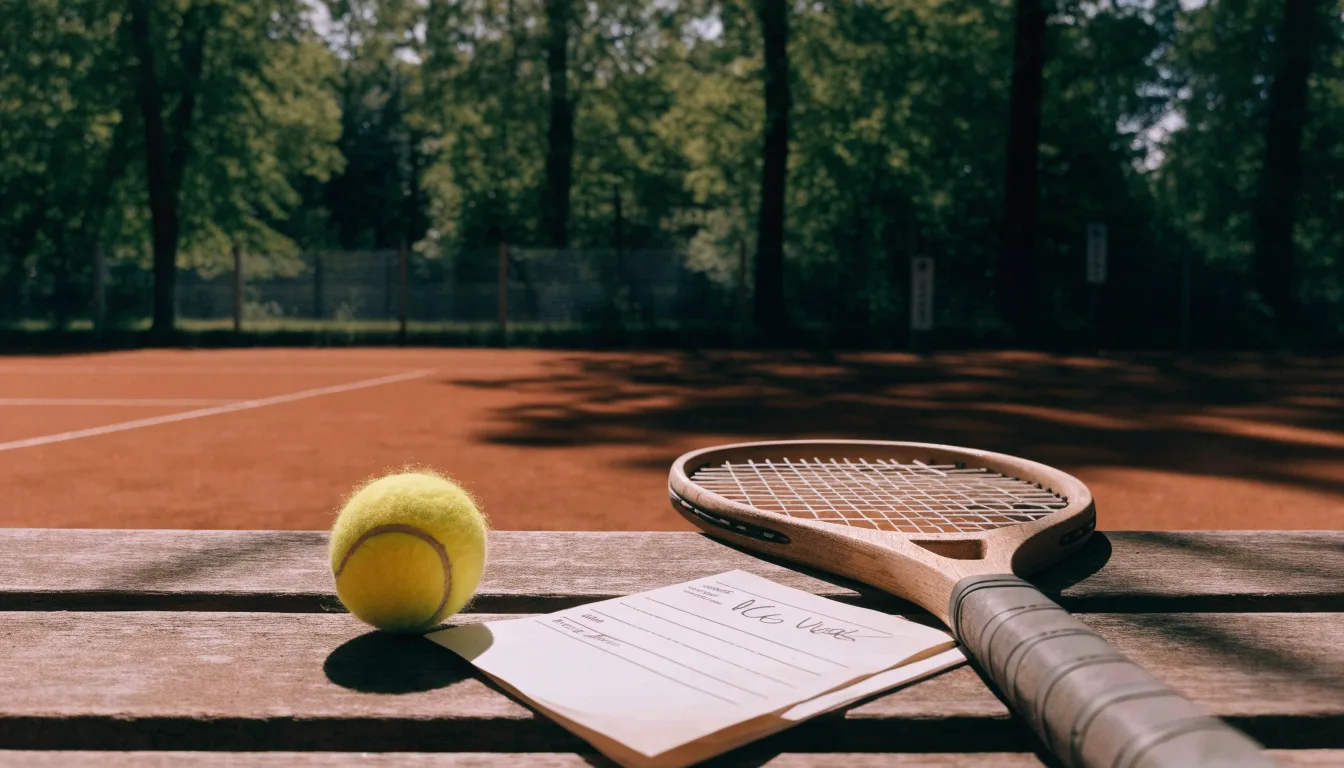 Ein Tennisball und ein Schläger ruhen auf einer Holzbank am Spielfeldrand, im Hintergrund hohe Bäume im Sommerlicht.