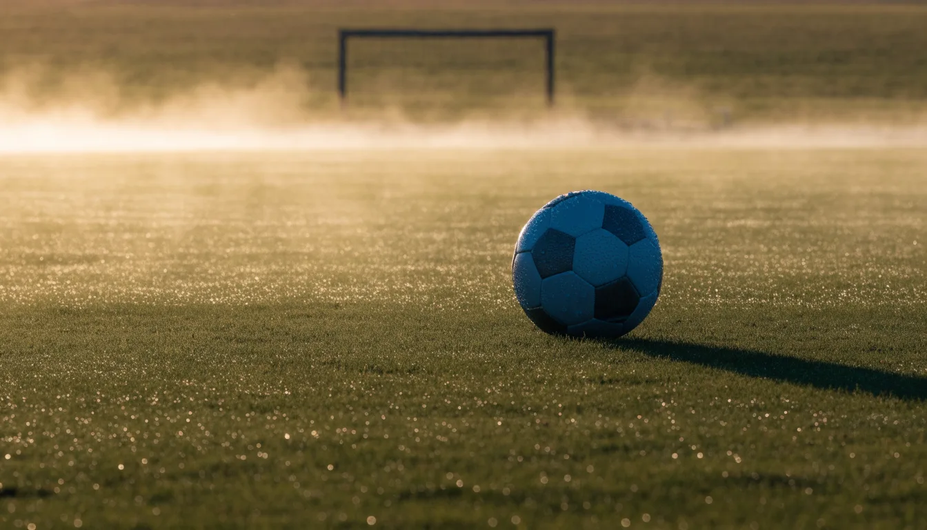 Ein Fussball liegt im Tau auf der Mittellinie eines Dorfplatzes bei Sonnenaufgang, der Rasen glitzert.