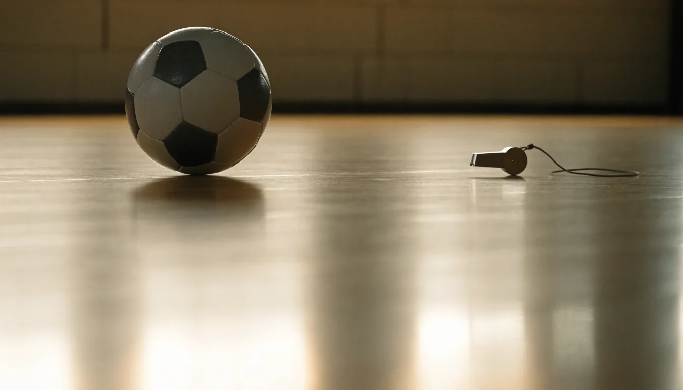 Ein kleiner, schwerer Ball liegt auf glattem Hallenparkett neben einer Trillerpfeife an einer Schnur.
