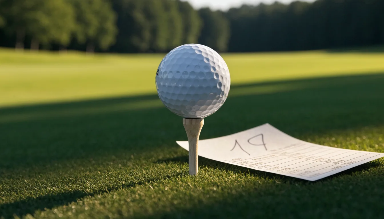 Ein Golfball liegt auf einem Holztee im Gras, scharf im Vordergrund, dahinter verschwimmt eine weite Wiese.