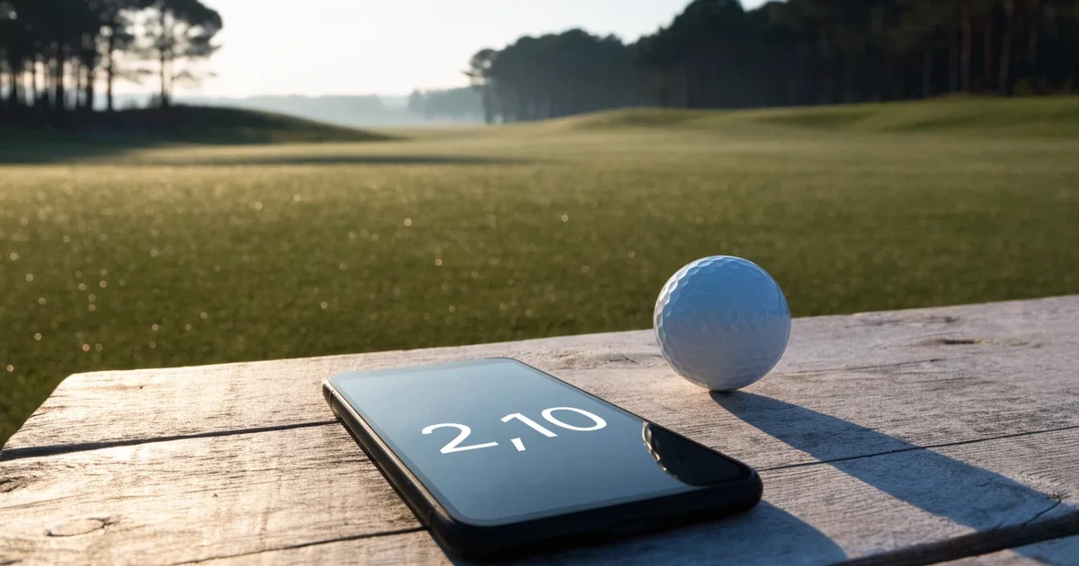 Ein weites Fairway zieht sich im Dunst des frühen Morgens zwischen Föhren hin, Tau liegt auf dem kurzen Gras.