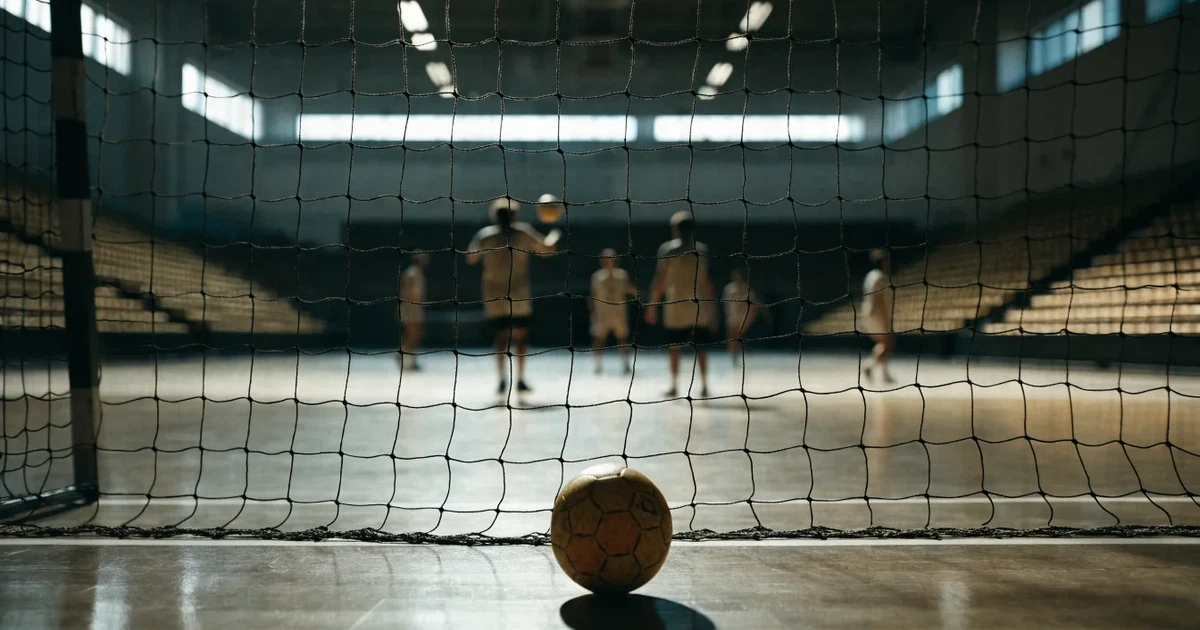 Ein Tor mit dicht gespanntem Netz steht in einer grossen Halle, davor liegt ein Handball auf der Torraumlinie.