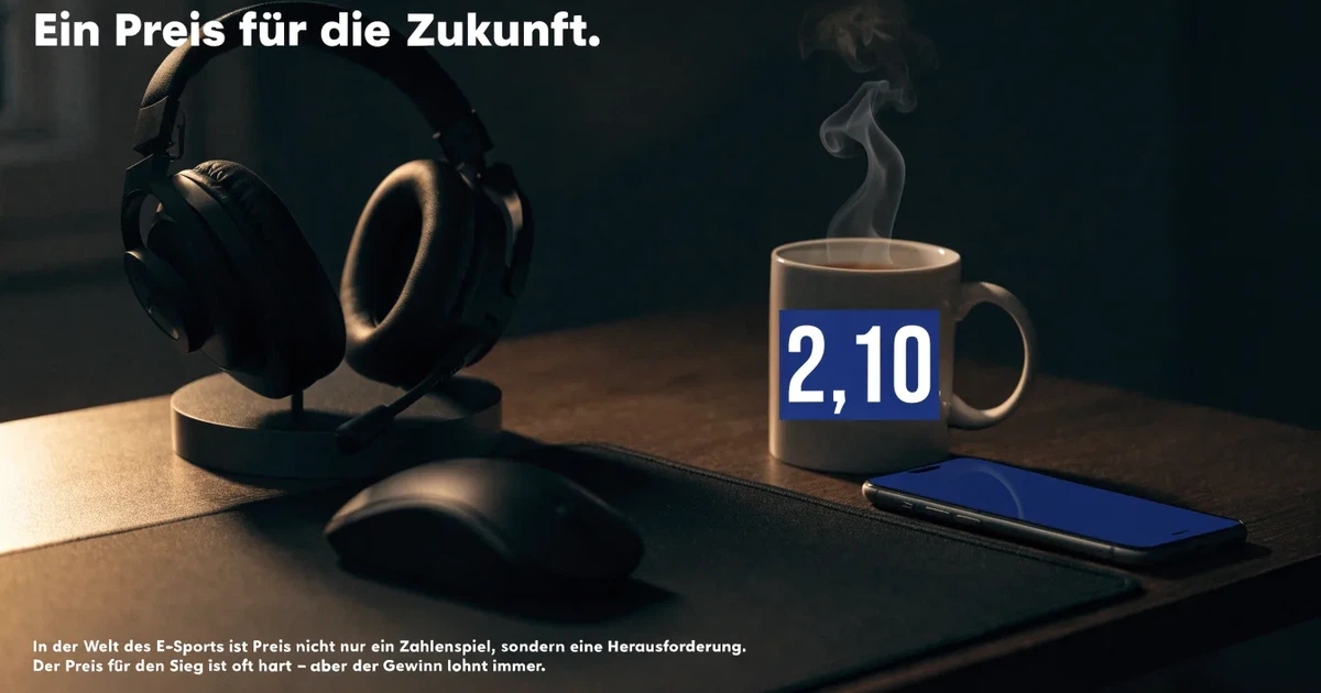 Ein Headset und eine Computermaus liegen auf einem dunklen Schreibtisch, daneben ein Becher mit dampfendem Tee.