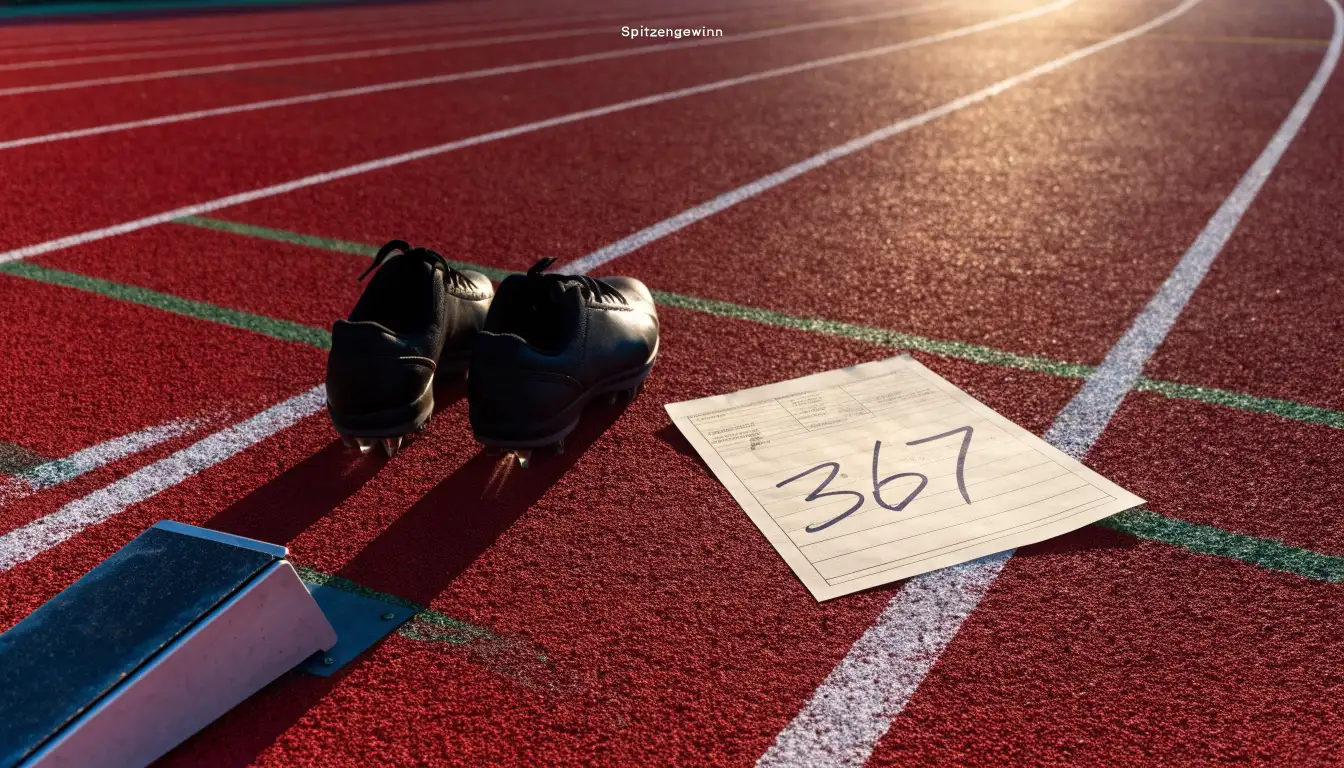 Ein Paar Laufschuhe mit Spikes liegt auf einer Tartanbahn neben einem Startblock, die Linien verlaufen in die Ferne.
