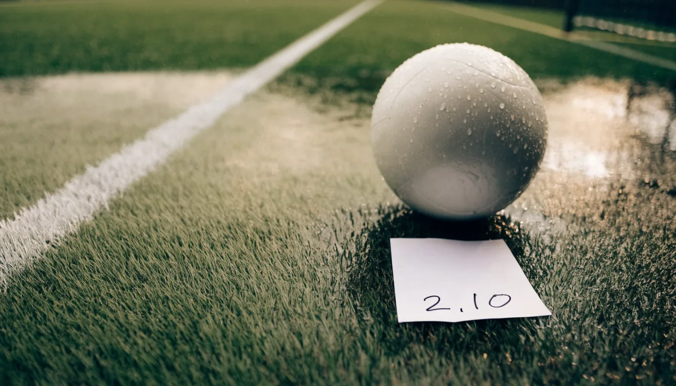 Ein Fussball liegt auf nassem Kunstrasen neben einer weissen Linie, Pfützen spiegeln den Himmel.
