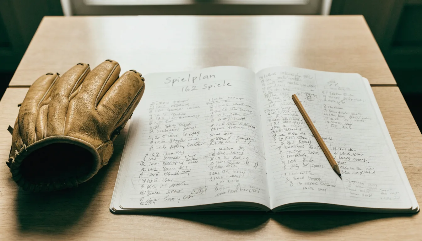 Ein aufgeschlagenes Notizbuch mit handgeschriebenen Notizen und ein Bleistift liegen auf einem Holztisch neben einem abgegriffenen Baseballhandschuh.