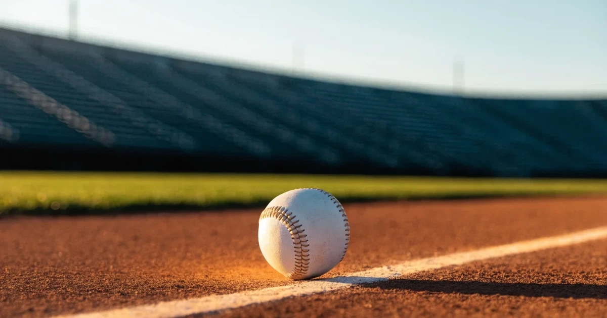 Ein weisser Baseball liegt auf rotbraunem Sand neben der Grundlinie eines leeren Stadions im warmen Abendlicht, die Ränge sind verlassen.