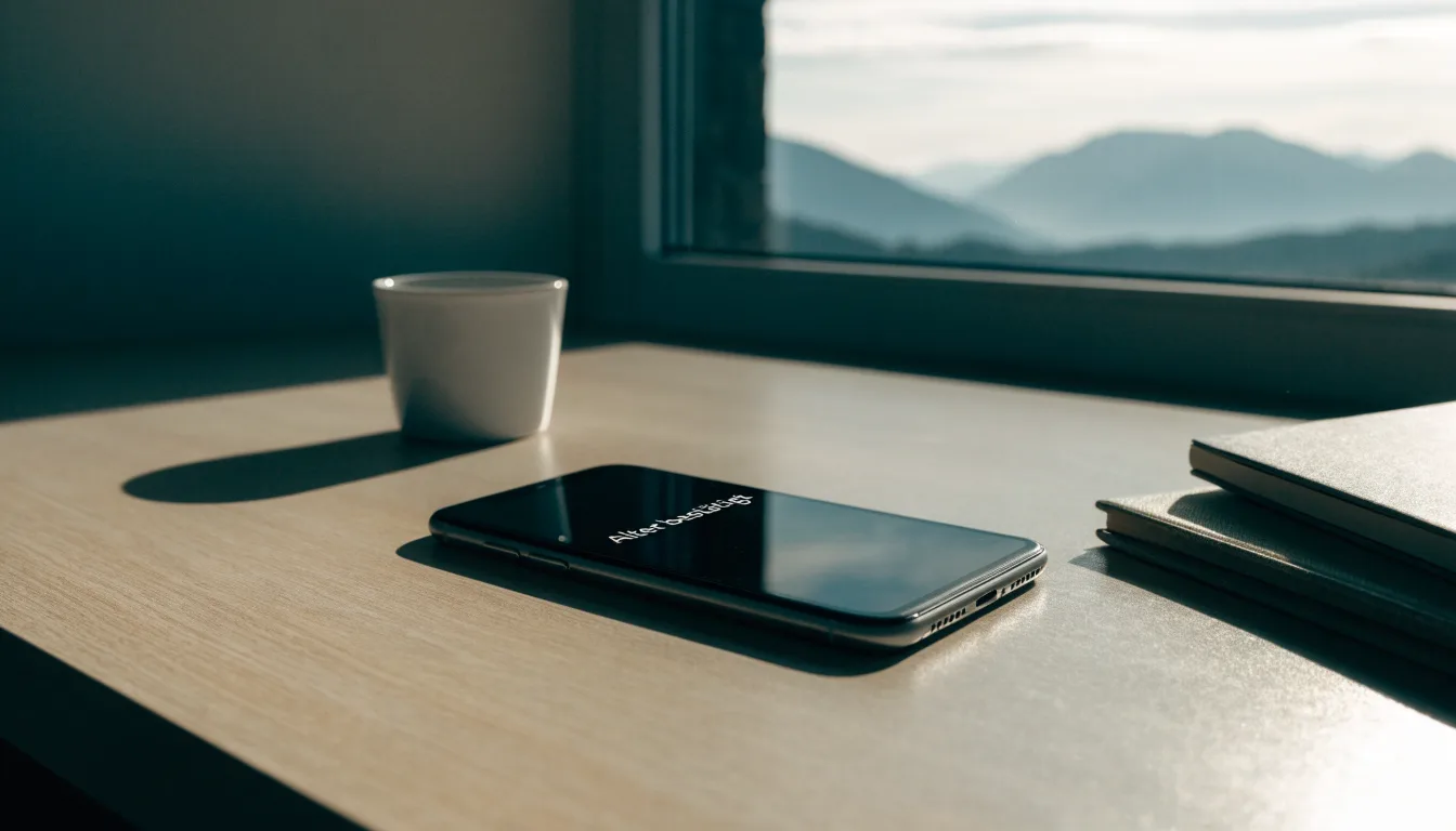 Ein Smartphone mit dunklem Bildschirm liegt auf einem hellen Schreibtisch neben einer Tasse, durch das Fenster dahinter sieht man eine Bergkette.