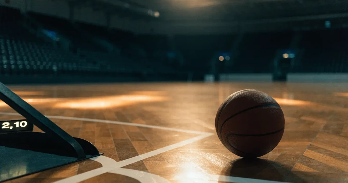 Ein orangefarbener Basketball liegt auf dem Parkett einer leeren Halle unter hellem Flutlicht, die Tribünen sind dunkel.