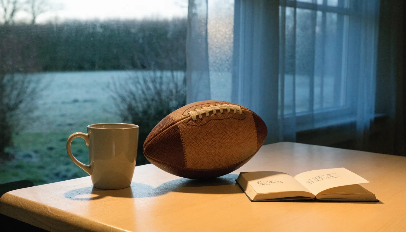 Ein Kaffeebecher und ein Football stehen auf einem Küchentisch am Morgen, durch das Fenster sieht man einen Garten mit Raureif.