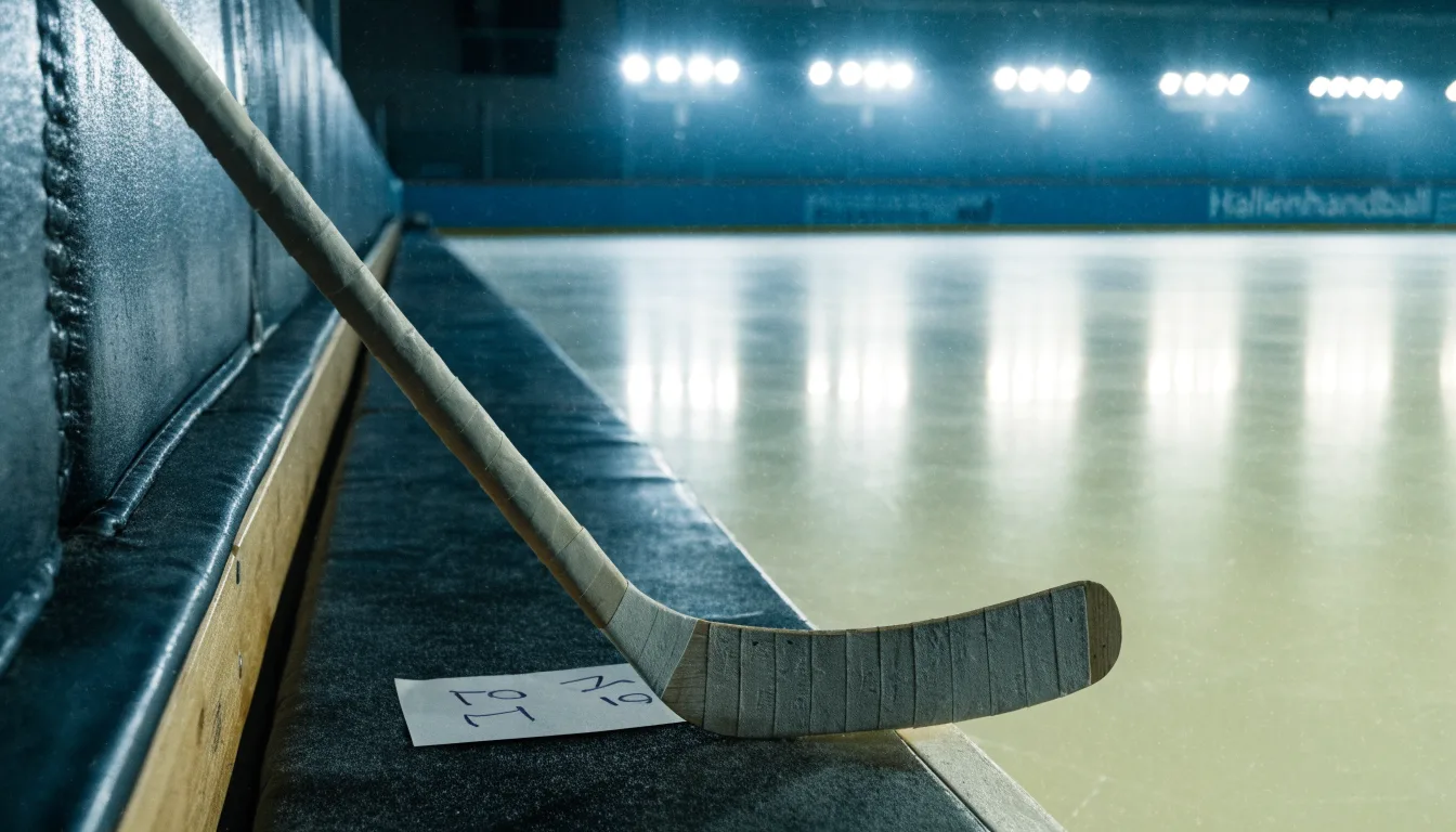 Ein Eishockeyschläger lehnt an der Bande, in der Ferne liegt die hell beleuchtete Eisfläche einer Halle unter Flutlicht.