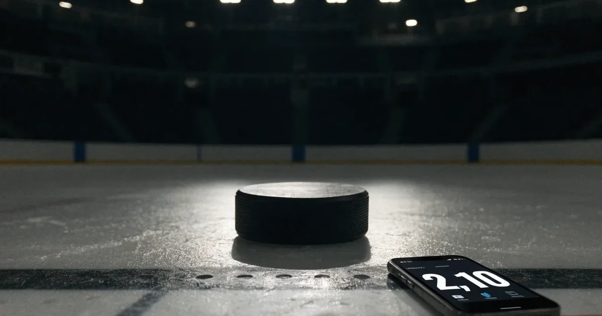 Ein Eishockeypuck liegt auf einer glatten Eisfläche, im Hintergrund erheben sich die dunklen Ränge einer leeren Halle.
