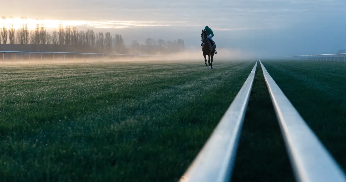 Eine Galoppbahn mit Rasen und weissen Begrenzungen im Morgennebel, in der Ferne trabt ein einzelnes Pferd beim Training.