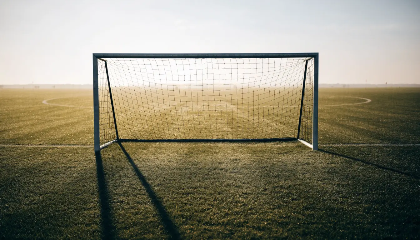 Ein Fussballtor mit Netz in der Totalen auf einem leeren Platz, Tau glänzt im Gras und die Morgensonne steht tief.